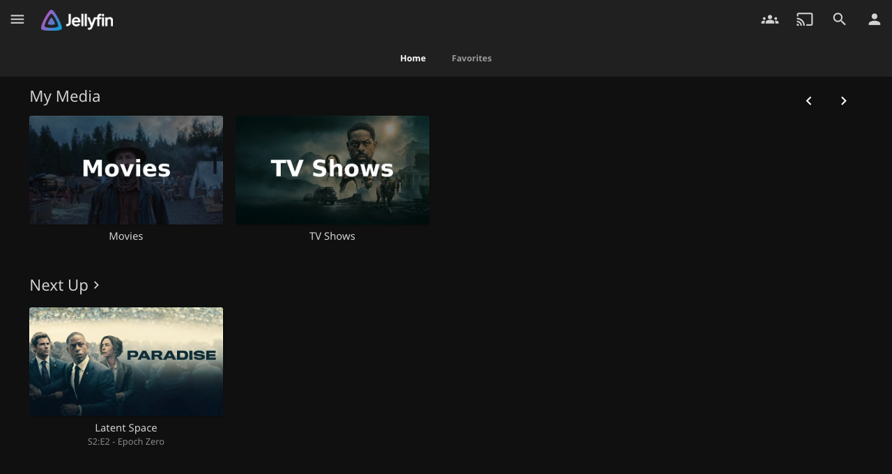Jellyfin media server home screen with Movies and TV Shows