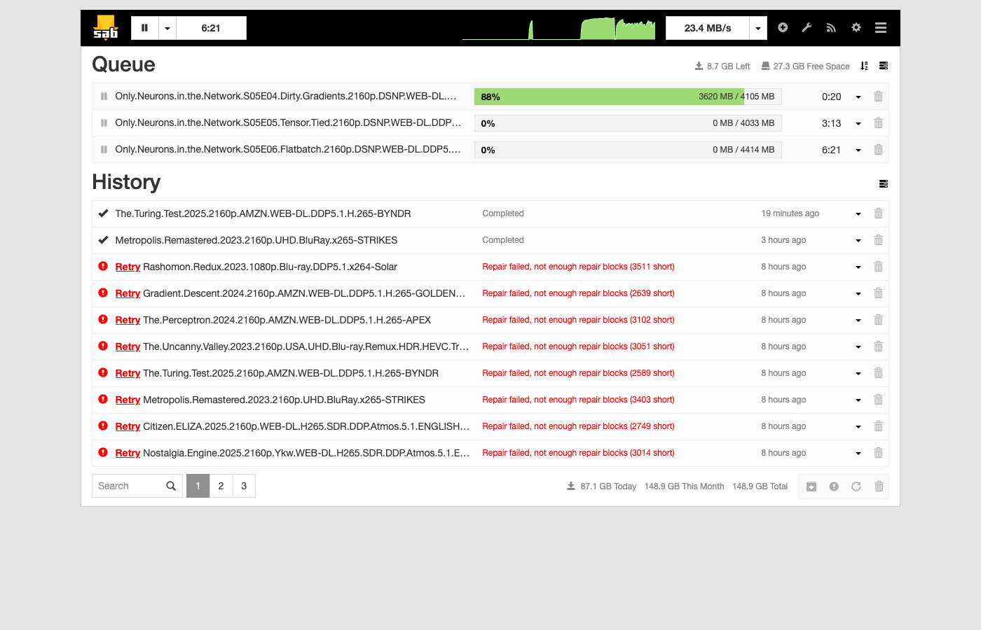 SABnzbd download client showing queue and history
